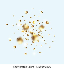 Gold Confetti. Isolated Golden Cube Particles. Vector Square Bokeh. Iridescent Background. Birthday Card with Metallic Texture. Geometric Anniversary Card. Chaotic Confetti Backdrop. Foil Border.