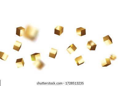 Gold Confetti. Isolated Golden Cube Particles. Chaotic Confetti Backdrop. Foil Border. Birthday Card with Metallic Texture. Geometric Anniversary Card. Vector Square Bokeh. Iridescent Background.