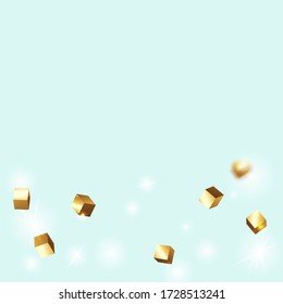 Gold Confetti. Particules Isolées De Cube Doré. Carte d'anniversaire avec texture métallique. Confetti en toile de fond chaotique. Bordure d'huile. Vector Square Bokeh. Arrière-plan d'irruption. Carte d'anniversaire géométrique.
