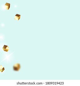 Gold Confetti. Isolated Golden Cube Particles. Geometric Anniversary Card. Vector Square Bokeh. Iridescent Background. Chaotic Confetti Backdrop. Foil Border. Birthday Card with Metallic Texture.