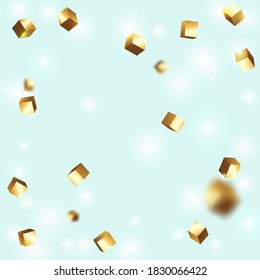 Gold Confetti. Isolated Golden Cube Particles. Chaotic Confetti Backdrop. Foil Border. Vector Square Bokeh. Iridescent Background. Birthday Card with Metallic Texture. Geometric Anniversary Card.