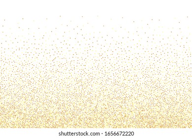 Gold confetti. Isolated golden dust particles. Geometric anniversary illustration. Chaotic bridal backdrop. Birthday card with metallic texture.  Vector round bokeh. Abstract iridescent background.