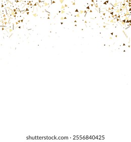 Gold confetti. Isolated golden dust particles. Vector round bokeh.Abstract iridescent background. Birthday card with metallic texture. Chaotic bridal backdrop. Foil border. Geometric anniversary illus