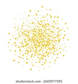 Gold confetti. Isolated golden dust particles. Vector round bokeh.Abstract iridescent background. Birthday card with metallic texture. Chaotic bridal backdrop. Foil border. Geometric anniversary illus