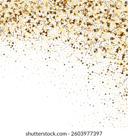 Gold confetti. Isolated golden dust particles. Vector round bokeh.Abstract iridescent background. Birthday card with metallic texture. Chaotic bridal backdrop. Foil border. Geometric anniversary illus