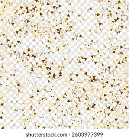 Gold confetti. Isolated golden dust particles. Vector round bokeh.Abstract iridescent background. Birthday card with metallic texture. Chaotic bridal backdrop. Foil border. Geometric anniversary illus