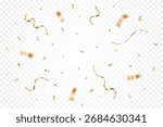 Gold confetti isolated on a transparent background. Falling golden ribbon for carnival, New Year, birthday and festival design. Confetti explosion on white backdrop. Vector illustration