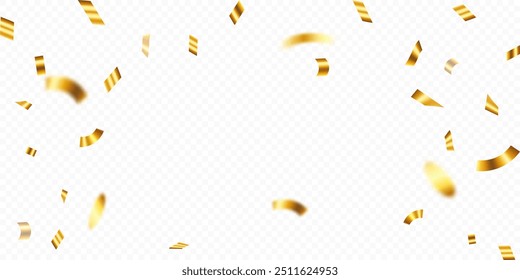 Gold confetti isolated on transparent background, celebration party background design with confetti and gold ribbons, Bright festive tinsel of gold color. Valentine’s Day, Birthday, Holiday, New Year,