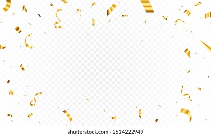 Gold confetti isolated on transparent background, celebration party background design with confetti and gold ribbons, Bright festive tinsel of gold color. Valentine’s Day, Birthday, Holiday, New Year,