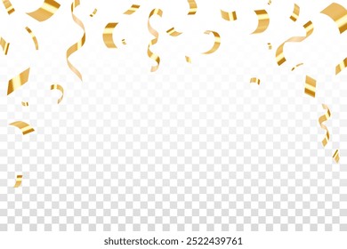 Confeti de oro aislado sobre fondo transparente, diseño de fondo de fiesta de celebración con cintas de confeti y oro, brillo festivo de color dorado. Día de San Valentín, Cumpleaños, Festiva, Año Nuevo,