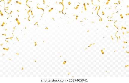 Gold confetti isolated on transparent background, celebration party background design with confetti and gold ribbons, Bright festive tinsel of gold color. Valentine’s Day, Birthday, Holiday, New Year,