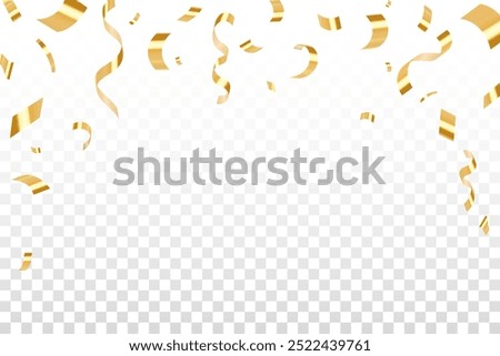 Gold confetti isolated on transparent background, celebration party background design with confetti and gold ribbons, Bright festive tinsel of gold color. Valentine’s Day, Birthday, Holiday, New Year,