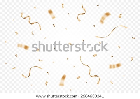 Gold confetti isolated on a transparent background. Falling golden ribbon for carnival, New Year, birthday and festival design. Confetti explosion on white backdrop. Vector illustration