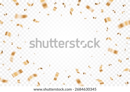 Gold confetti isolated on a transparent background. Falling golden ribbon for carnival, New Year, birthday and festival design. Festive splash confetti backdrop. Vector illustration