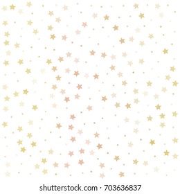 gold confetti isolated on white, stars seamless pattern, magic shining Flying stars and glitter dots, cosmic background, christmas gold sparkle. Vector golden night sky stars graphic design.