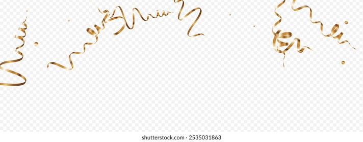 Gold Confetti Isolated Vector Panoramic Transparent Background. Abstract Spiral Design. Streamer Swirl Plant. Yellow Christmas Illustration.