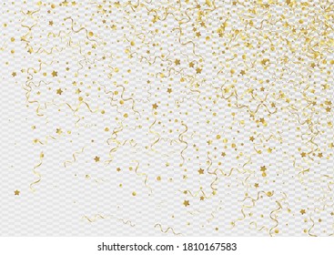 Fondo transparente del vector aislado de oro Confetti. Planta Estrella de Papel. Afiche Spiral Happy. Rama De Decoración Amarilla.