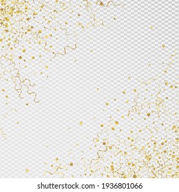 Gold Confetti Isolated Vector Transparent Background. Anniversary Serpentine Plant. Ribbon Fun Branch. Yellow Falling Poster.