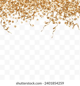 Fondo transparente blanco del vector de luz de confeti dorado. Invitación de punto de efecto. Fondo de Navidad Serpentina Roja. Tarjeta brillante de polvo.