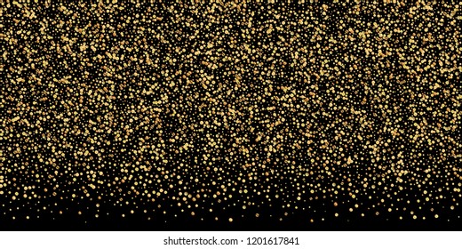 Gold confetti luxury sparkling confetti. Scattered small gold particles on black background. Breathtaking festive overlay template. Optimal vector illustration.