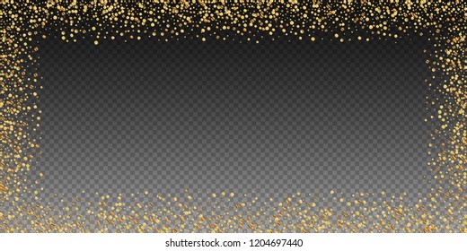 Gold confetti luxury sparkling confetti. Scattered small gold particles on transparent background. Bold festive overlay template. Adorable vector illustration.