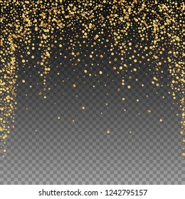 Gold confetti luxury sparkling confetti. Scattered small gold particles on transparent background. Admirable festive overlay template. Outstanding vector illustration.