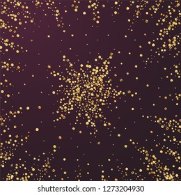 Gold confetti luxury sparkling confetti. Scattered small gold particles on red maroon background. Actual festive overlay template. Adorable vector illustration.