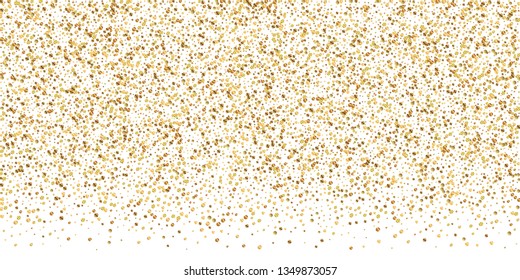 Gold confetti luxury sparkling confetti. Scattered small gold particles on white background. Breathtaking festive overlay template. Overwhelming vector illustration.