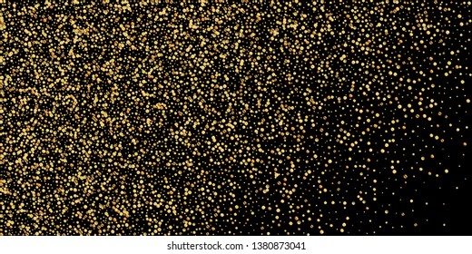 Gold confetti luxury sparkling confetti. Scattered small gold particles on black background. Brilliant festive overlay template. Unequaled vector illustration.