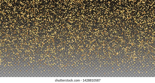 Gold confetti luxury sparkling confetti. Scattered small gold particles on transparent background. Breathtaking festive overlay template. Outstanding vector illustration.