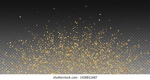 Gold confetti luxury sparkling confetti. Scattered small gold particles on transparent background. Authentic festive overlay template. Likable vector illustration.