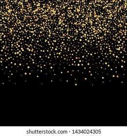 Gold confetti luxury sparkling confetti. Scattered small gold particles on black background. Alluring festive overlay template. Marvelous vector illustration.