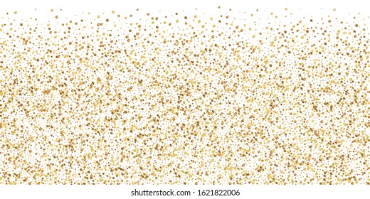 Gold confetti luxury sparkling confetti. Scattered small gold particles on white background. Brilliant festive overlay template. Indelible vector illustration.