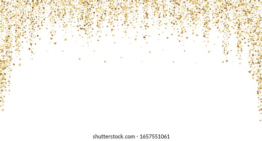 Gold confetti luxury sparkling confetti. Scattered small gold particles on white background. Beauteous festive overlay template. Noteworthy vector illustration.