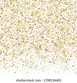 Gold confetti luxury sparkling confetti. Scattered small gold particles on white background. Amazing festive overlay template. Artistic vector illustration.