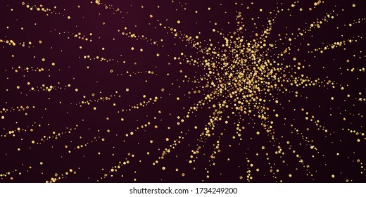 Gold confetti luxury sparkling confetti. Scattered small gold particles on red maroon background. Authentic festive overlay template. Breathtaking vector illustration.