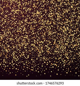 Gold confetti luxury sparkling confetti. Scattered small gold particles on red maroon background. Amazing festive overlay template. Amusing vector illustration.