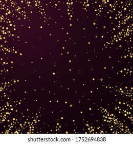 Gold confetti luxury sparkling confetti. Scattered small gold particles on red maroon background. Amusing festive overlay template. Unique vector illustration.