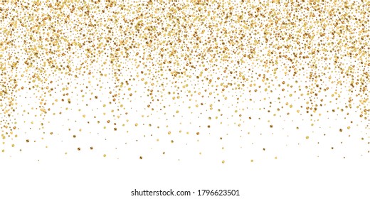 Gold confetti luxury sparkling confetti. Scattered small gold particles on white background. Awesome festive overlay template. Favorable vector illustration.