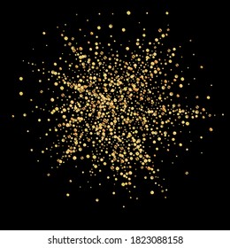 Gold confetti luxury sparkling confetti. Scattered small gold particles on black background. Actual festive overlay template. Fetching vector illustration.
