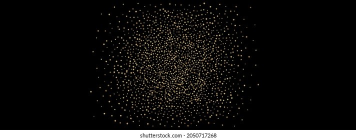 Gold Confetti Luxury Vector Panoramic Black Background. Falling Round Background. Golden Sequin Bridal Wallpaper. Shine Effect Invitation.
