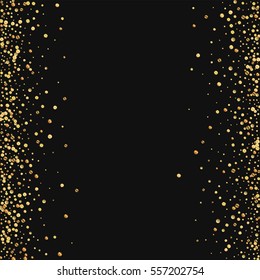 Gold confetti. Messy border with gold confetti on black background. Vector illustration.