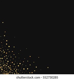 Gold confetti. Messy bottom left corner with gold confetti on black background. Vector illustration.