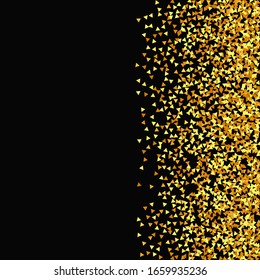 Gold Confetti auf schwarzem Hintergrund. Einzeln partikelförmige goldene Staubpartikel. Hintergrundbild zum Thema geometrisches Jubiläum.Abstrakte Geburtstagskarte. Vektorillustration Round Bokeh. Random-Bridal-Hintergrund. Folie-Grenze