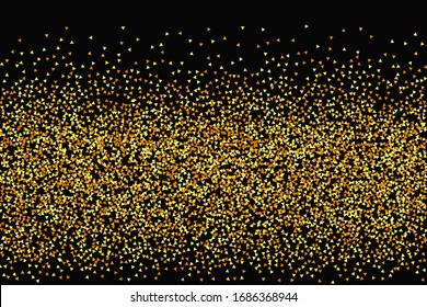  Gold Confetti auf schwarzem Hintergrund. Einzeln partikelförmige goldene Staubpartikel. Hintergrundbild zum Thema geometrisches Jubiläum. Vektorillustration Round Bokeh. Random-Bridal-Hintergrund. Folie-Grenze Abstrakte Geburtstagskarte.