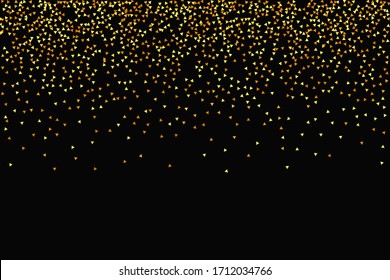 Gold Confetti on Black Background. Isolated Golden Dust Particles. Geometric Anniversary Backdrop. Abstract Iridescent Birthday Card. Random Bridal Backdrop. Foil Border. Vector Round Bokeh.