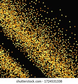 Gold Confetti on Black Background. Isolated Golden Dust Particles. Geometric Anniversary Backdrop. Abstract Iridescent Birthday Card. Random Bridal Backdrop. Foil Border. Vector Round Bokeh.