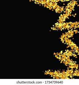 Gold Confetti on Black Background. Isolated Golden Dust Particles. Random Bridal Backdrop. Foil Border. Abstract Iridescent Birthday Card. Geometric Anniversary Backdrop. Vector Round Bokeh.