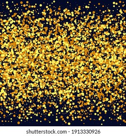 Gold Confetti on Black Background. Isolated Golden Dust Particles. Abstract Iridescent Birthday Card. Vector Round Bokeh. Random Bridal Backdrop. Foil Border. Geometric Anniversary Backdrop.