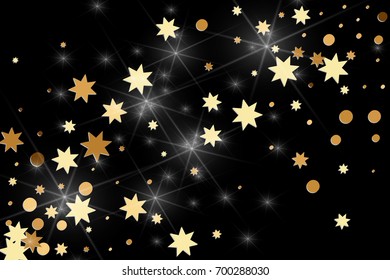 Gold confetti on a black background. Falling stars, glitter, dust and sparkles. Vector illustration. Golden explosion of confetti. Christmas backdrop. Shiny abstract glowing design. New Year cover.